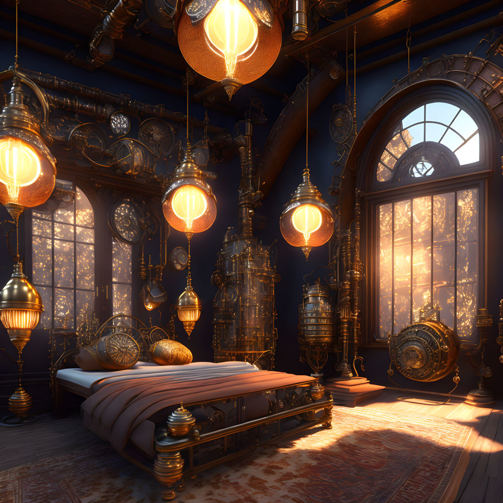 Victorian steampunk-themed bedroom with brass gears, round windows, hanging lanterns, bed,