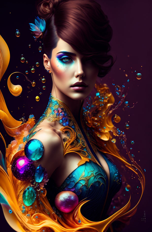 Colorful digital art of woman with intricate hair and makeup amid swirling gold patterns and gemstones