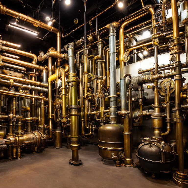 Polished Brass Pipes and Fittings in Dimly Lit Room