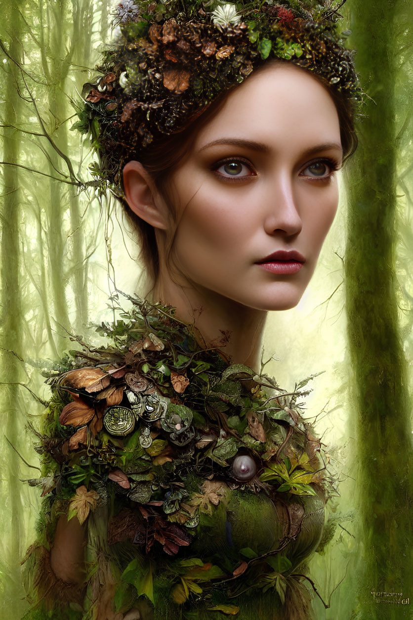 Portrait of woman with forest crown & nature-inspired garment in misty woodland.