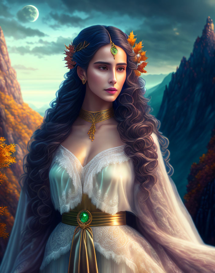 Mystical woman with autumn leaf hair and white dress in twilight mountains