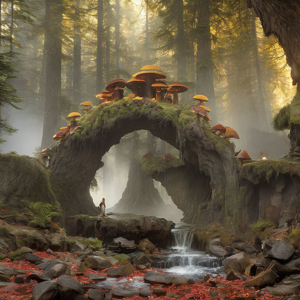 Enchanted forest with arching tree, mushrooms, figure, waterfall, and sunlight.