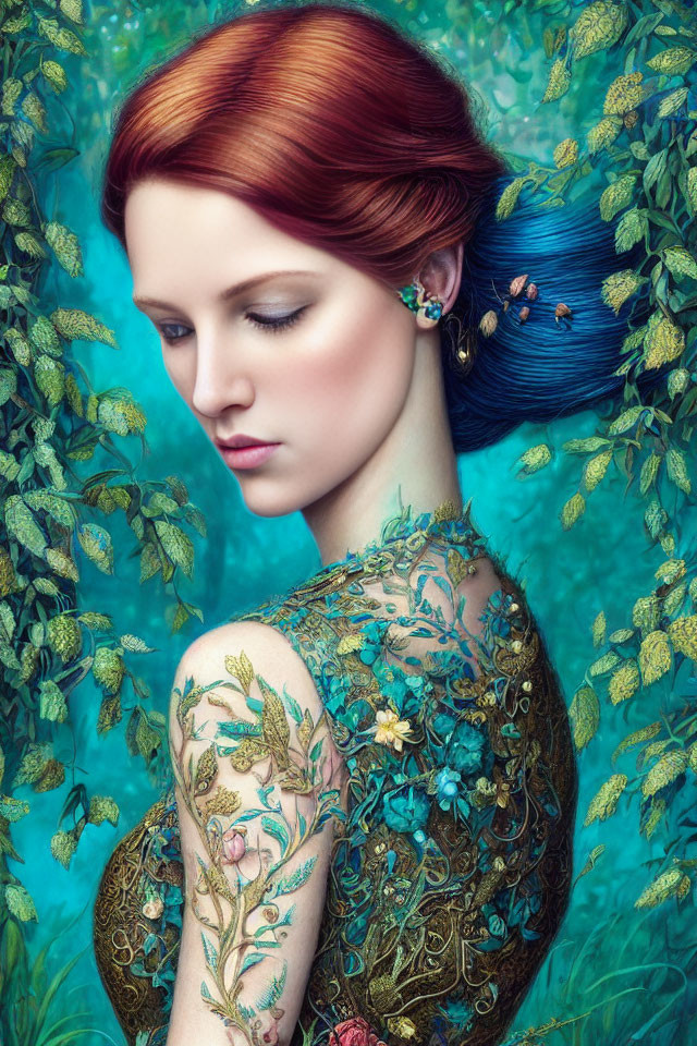 Red-haired woman with blue streak, closed eyes, floral tattoos, green backdrop & hanging leaves.