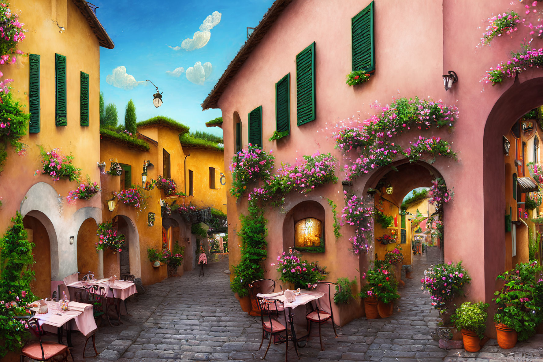 Colorful cobblestone street with vibrant houses and outdoor dining tables under sunny sky