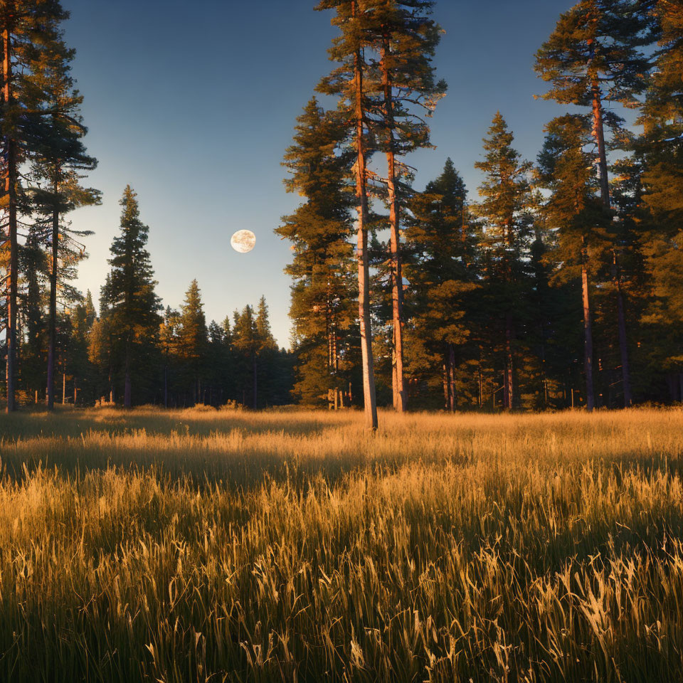 Tranquil forest landscape at dusk with tall trees and golden grass