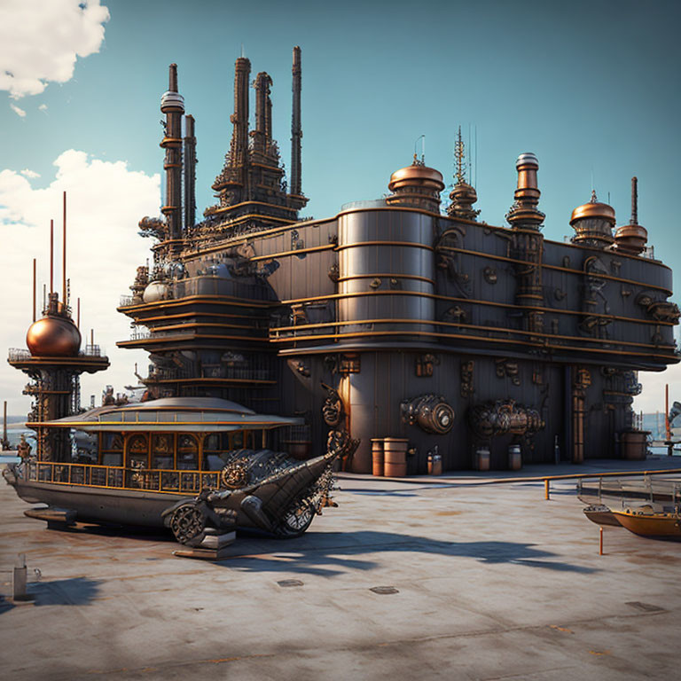 Detailed Steampunk-Style Building with Industrial Pipes and Retro-Futuristic Vehicles