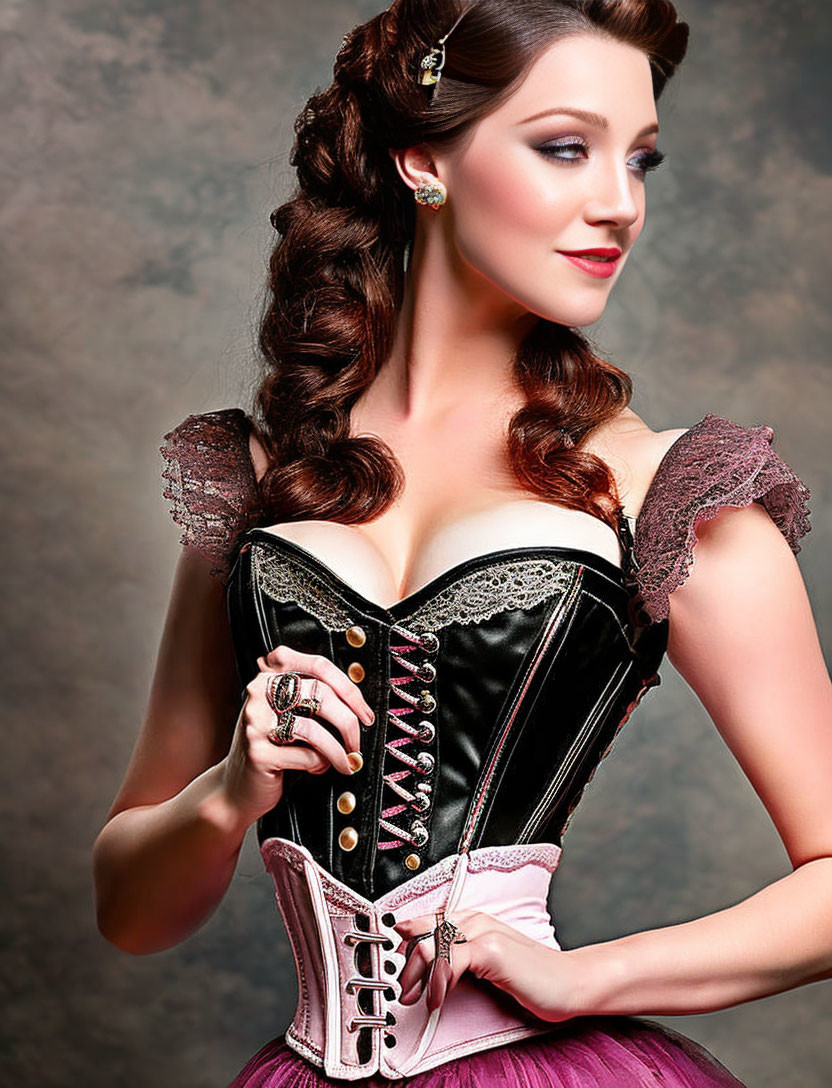 Vintage-inspired woman in corset and styled hair against textured backdrop