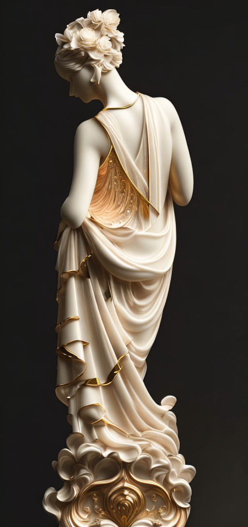 White and Gold Classical Female Sculpture on Dark Background