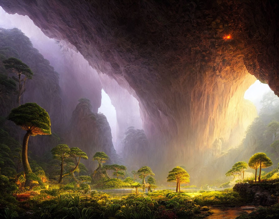 Sunlit Cave with Waterfall and Greenery in Serene Landscape