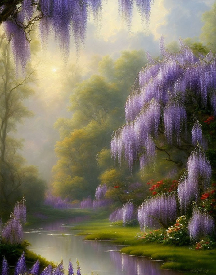 Tranquil landscape with misty river, blooming wisteria, and glowing sunlight