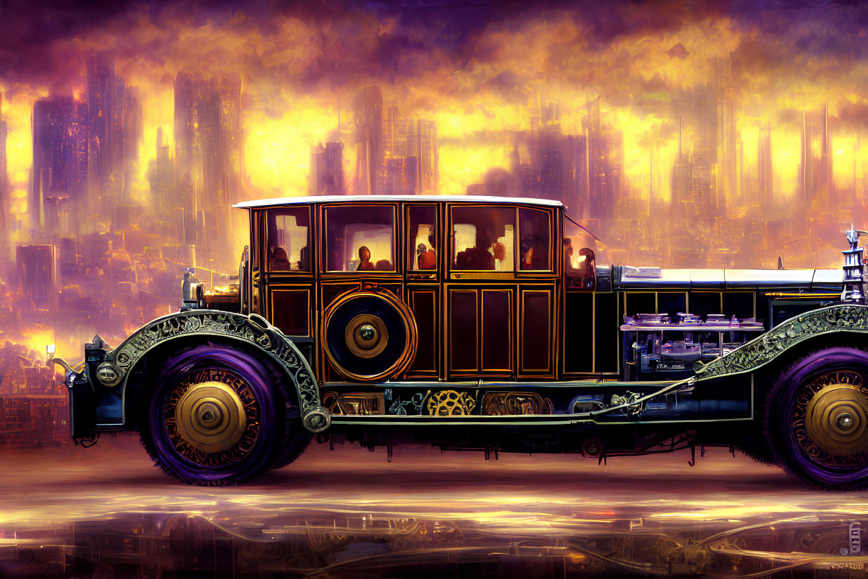 Intricate retro-futuristic vehicle against glowing industrial cityscape