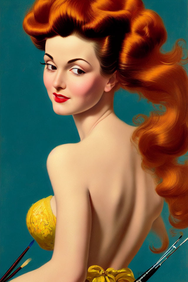 Voluminous red hair woman with paintbrush in pin-up style