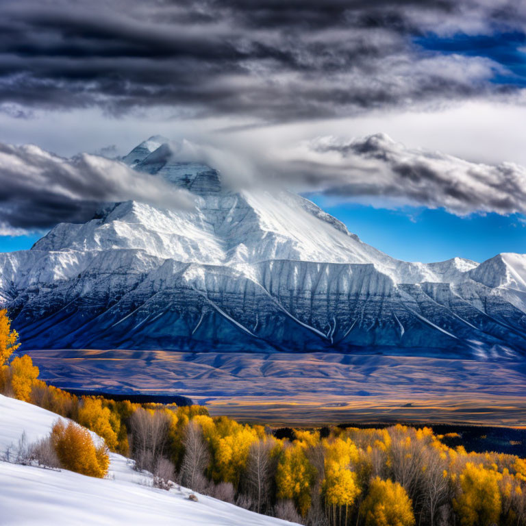 Snow-covered mountain under blue and white clouds with autumn trees and snow hill.