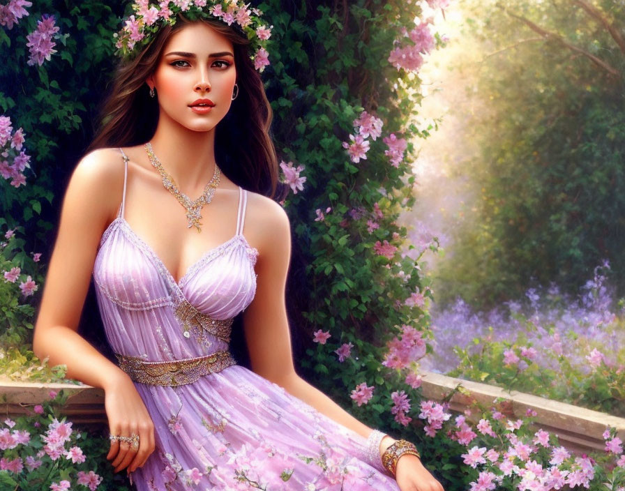 Dark-haired woman in lavender dress surrounded by pink flowers in dreamy garden