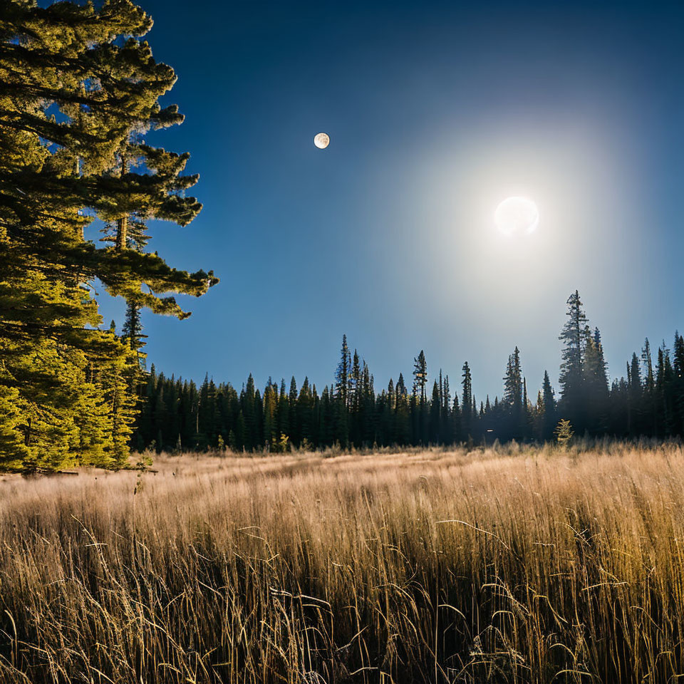 Sunlit Meadow with Tall Grasses, Coniferous Forest, Moon and Sun in Clear Blue Sky