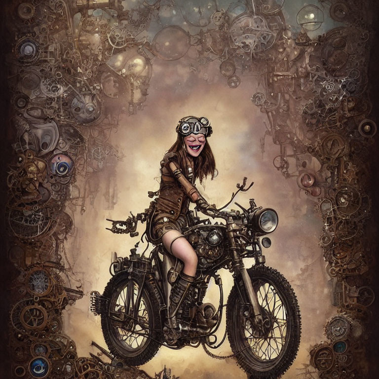 Motorcyclist with goggles in steampunk setting amid gears and machine parts