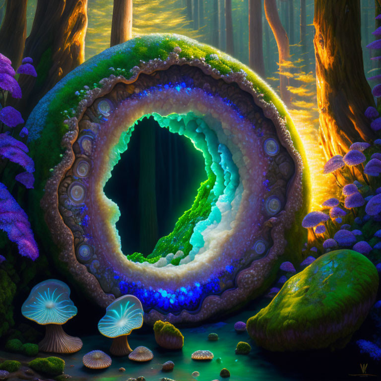 Enchanting forest scene with glowing hollow and luminescent mushrooms