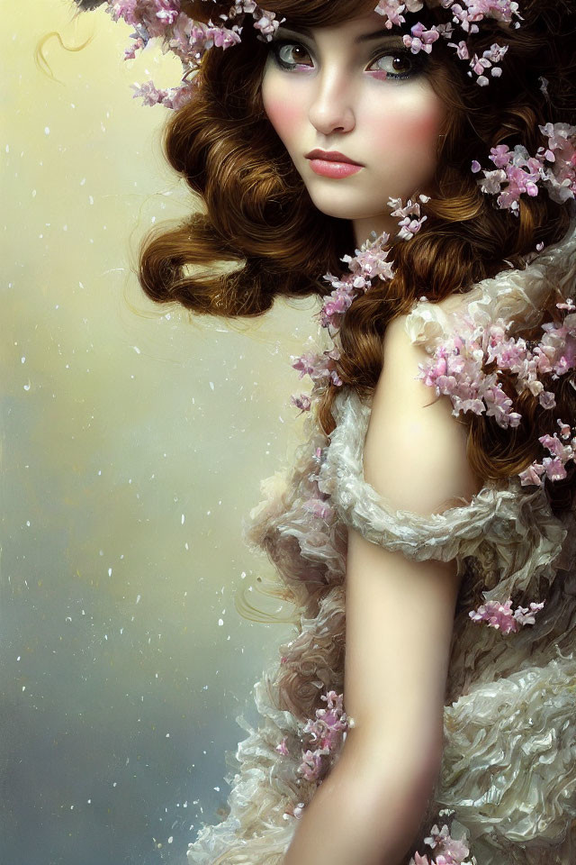 Portrait of woman with flowing brown hair and cherry blossoms against speckled backdrop