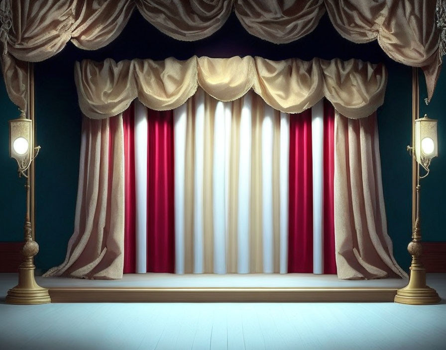 Theater Stage with Red and Gold Curtains, Spotlight, and Ornate Lamps