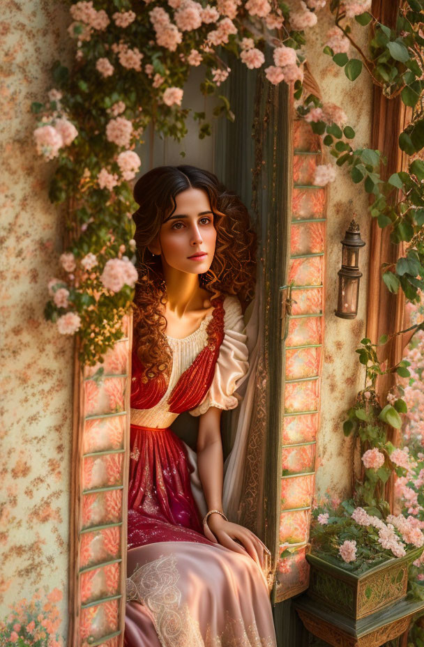 Vintage dress woman gazes by window with roses and ivy in warm sunlight