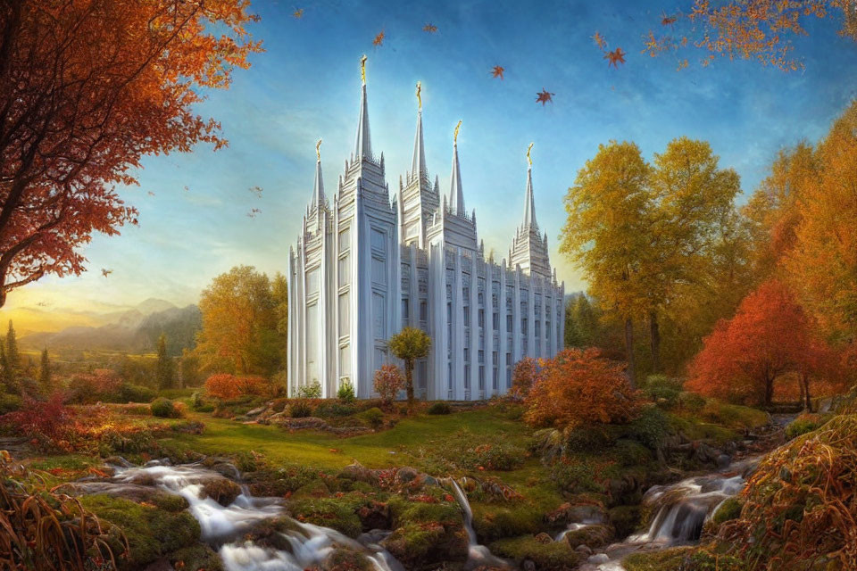 Majestic white building with spires in autumn landscape