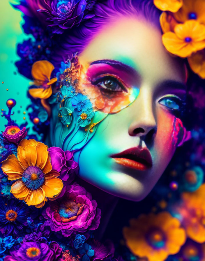 Colorful Portrait: Woman with Vibrant Makeup and Flowers Integration