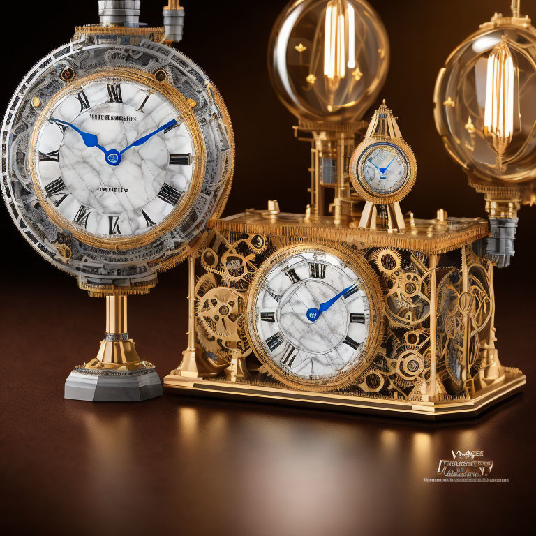 Steampunk-inspired desk clock with cogwheel mechanisms and ornate metallic detailing