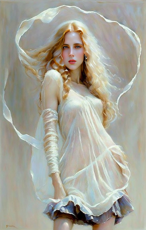 Blonde woman in flowing white dress against ethereal backdrop