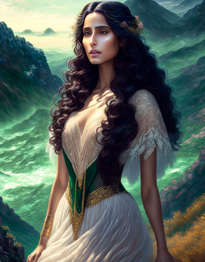 Illustrated woman with long, curly hair in green and white gown against mountainous backdrop