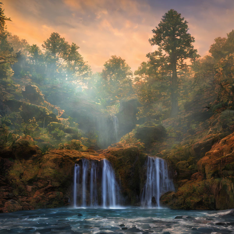 Tranquil waterfall in lush greenery under warm sunlight