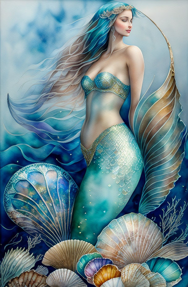 Illustrated mermaid with flowing hair and shimmering tail among seashells underwater