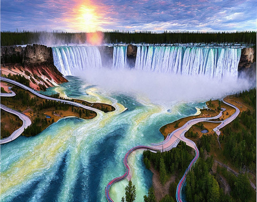 Majestic waterfall cascading into misty pool amidst lush forest and winding boardwalks