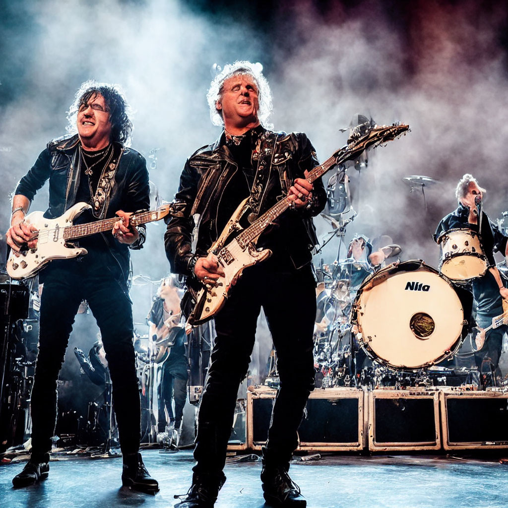 Vibrant stage lighting highlights two guitarists and a drummer in black attire