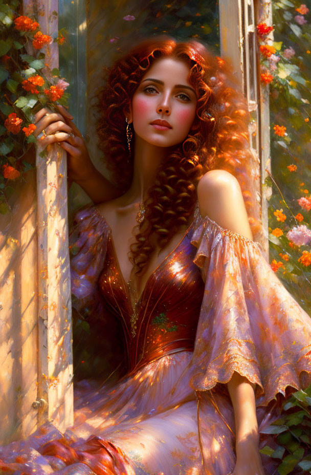 Red-haired woman in elegant gown by window with blooming flowers