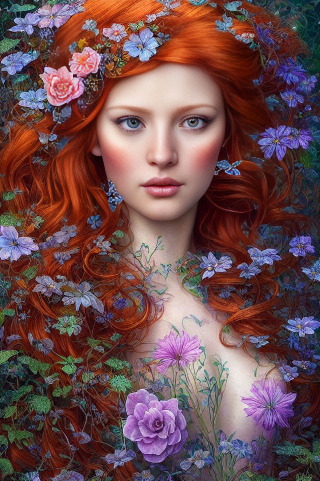 Vibrant red hair woman with colorful flower adornments in fantasy setting