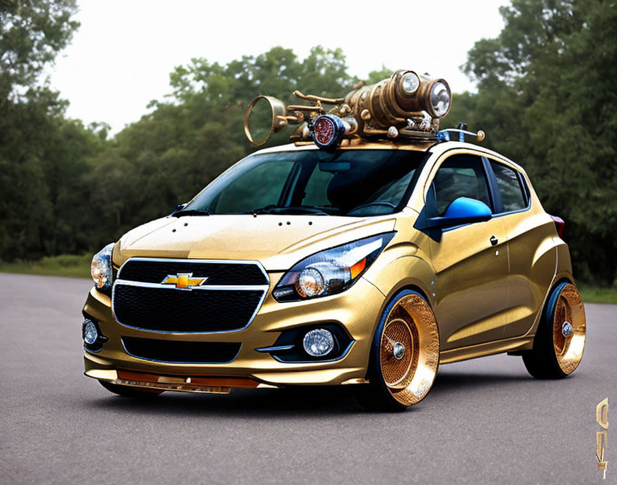 Golden Chevrolet with Oversized Wheels & Steampunk Roof Contraption