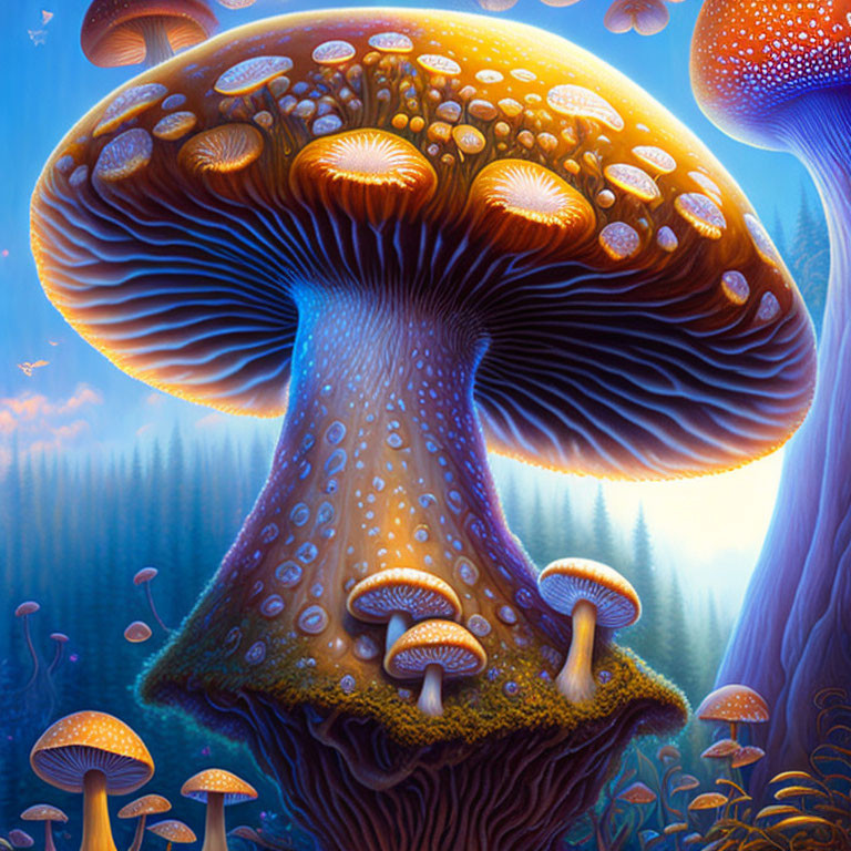 Colorful surreal mushrooms in mystical forest under twilight sky