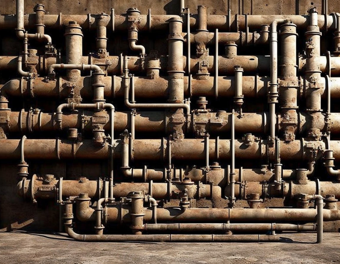 Rusty industrial pipes against concrete wall in a network.