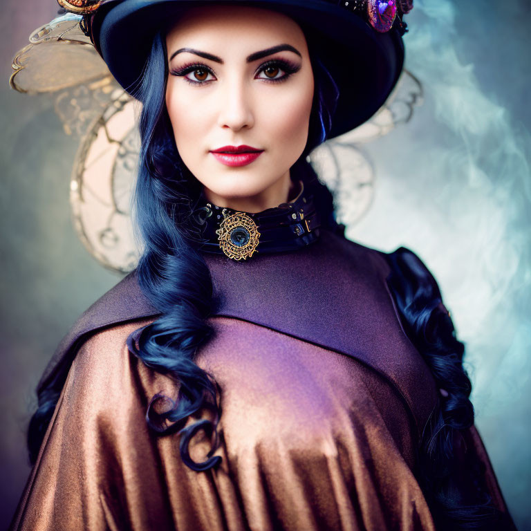 Victorian-inspired woman in purple hat and cloak with bold makeup and elegant hairstyle