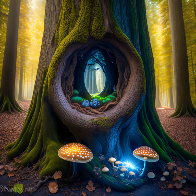 Enchanted forest with glowing tree trunk, mossy roots, mushrooms, and light rays