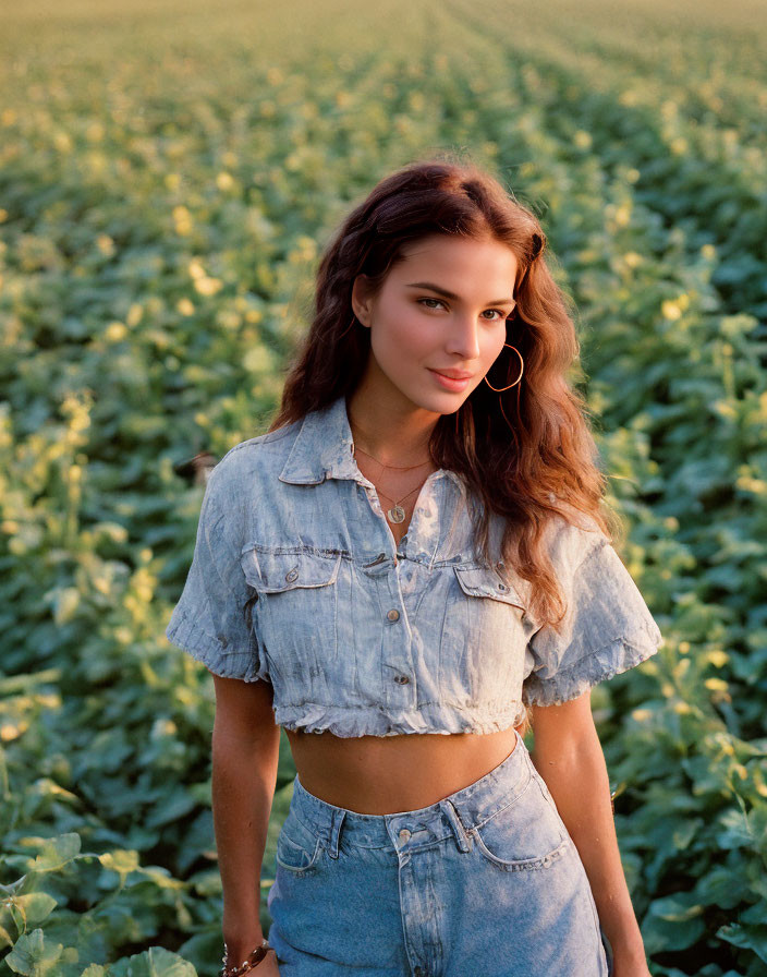 Young woman in denim outfit standing in field at golden hour