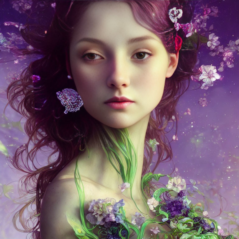 Fantastical female character with purple flora and green neck embellishments