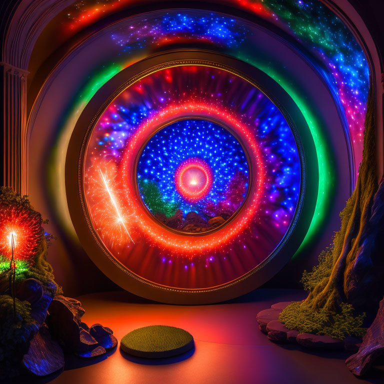 Colorful Neon Vortex Display in Dark Room with Mystical Decor