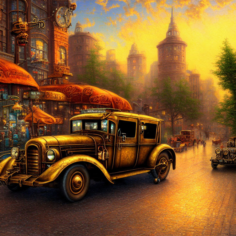 Vintage Golden Car on Cobblestone Street in Old-Fashioned Cityscape