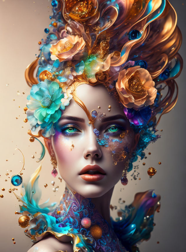 Vibrant digital artwork of woman with floral headpieces