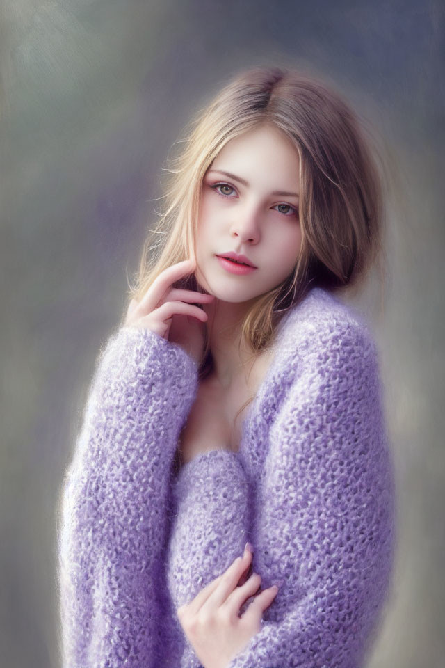 Light Brunette Woman in Purple Sweater Contemplating