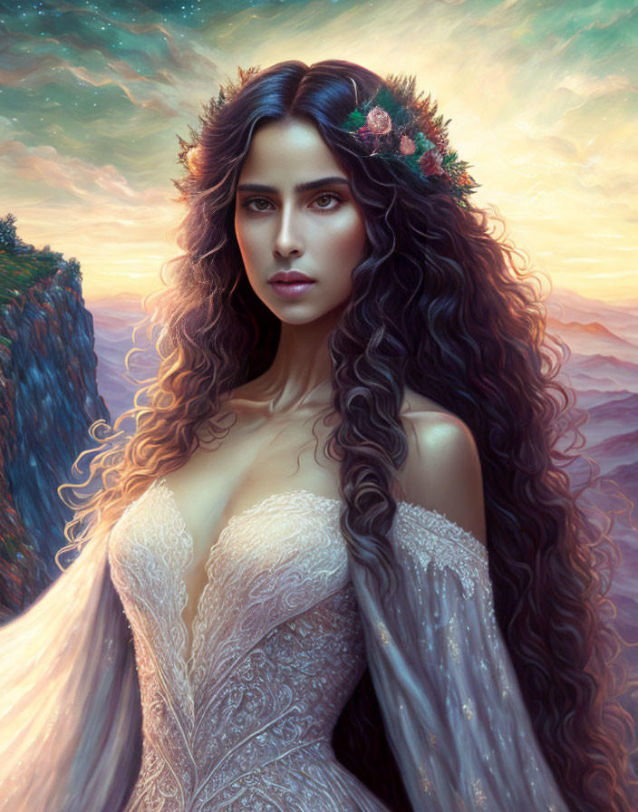 Woman with Long Wavy Hair in Floral Crown and Lace Dress Against Mountain Twilight Sky