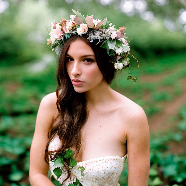 Woman in Strapless Dress with Floral Crown Among Green Foliage