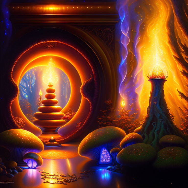 Mystical scene with fiery and cool elements and luminescent mushrooms