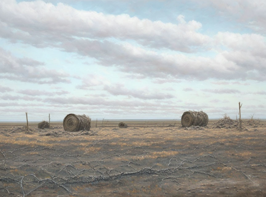 Flat Field Landscape with Hay Bales and Barbed Wire Fence